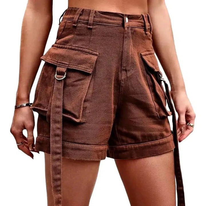 Cargo pocket-straps jeans shorts