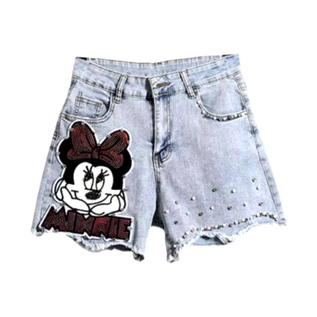 Cartoon embroidery pearl jeans shorts