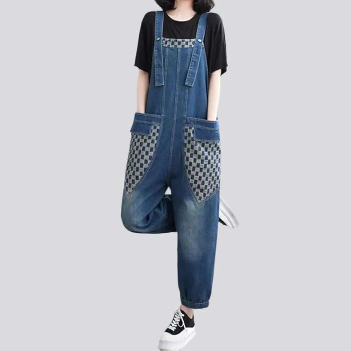 90s checkered pockets jeans jumpsuit
 for ladies