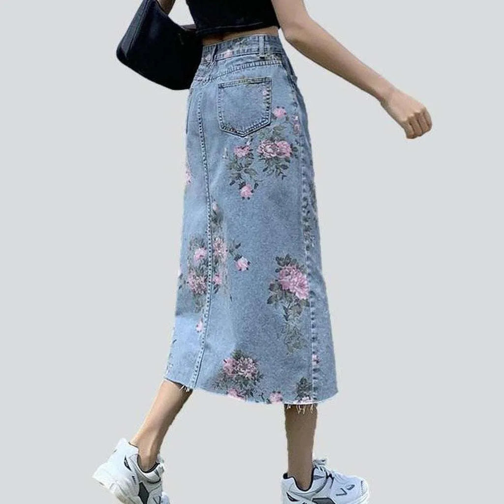 Slit denim skirt with flowers