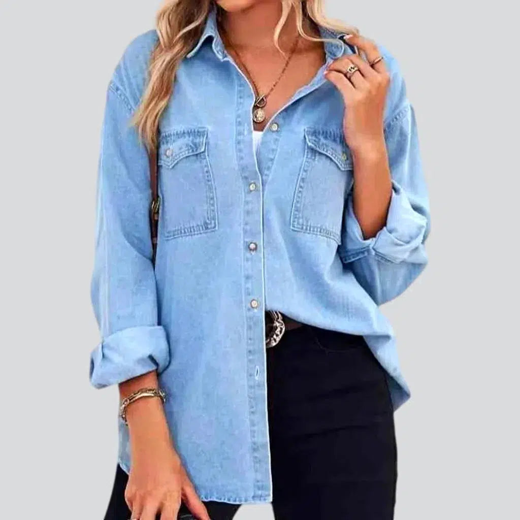 Oversized pebble-washed denim shirt for women