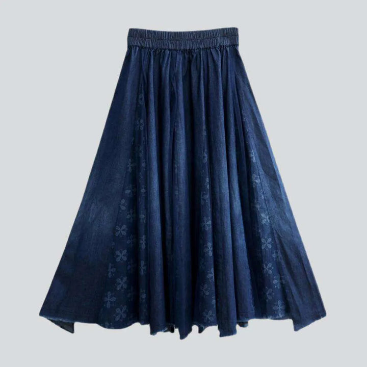 Embroidered elastic waist denim skirt