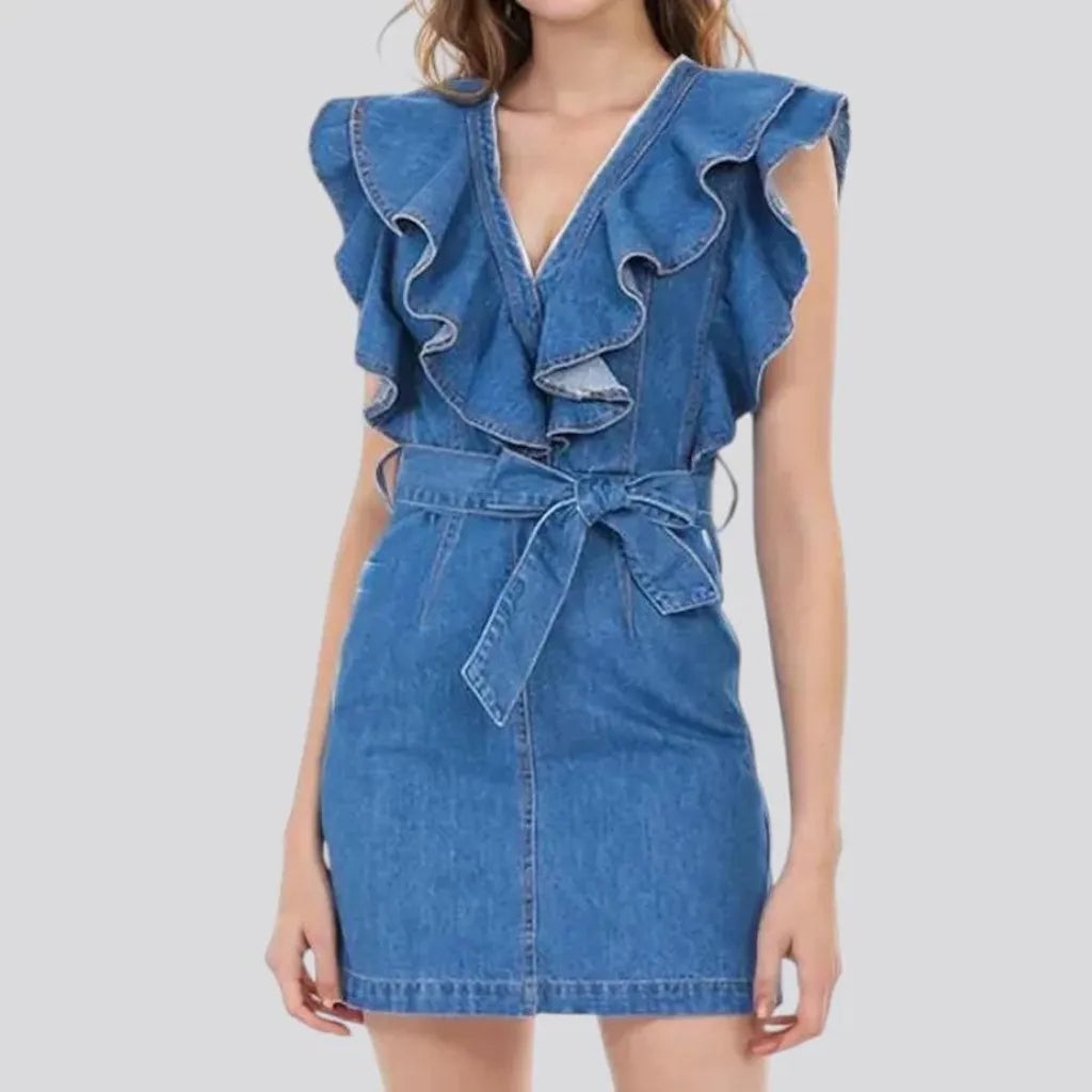 Medium wash frills-neck fashion jean dress