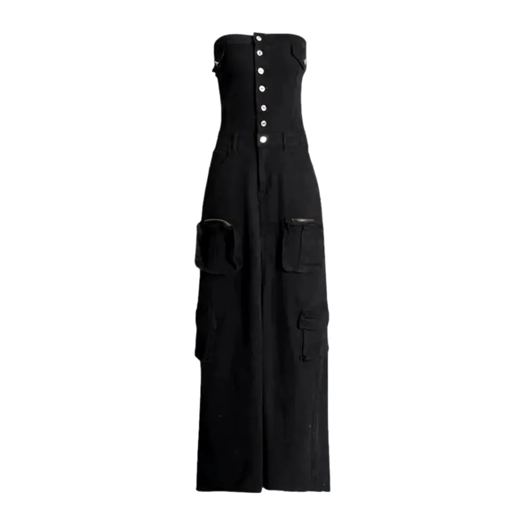 Cargo Pockets Boho Maxi Denim Dress - Black