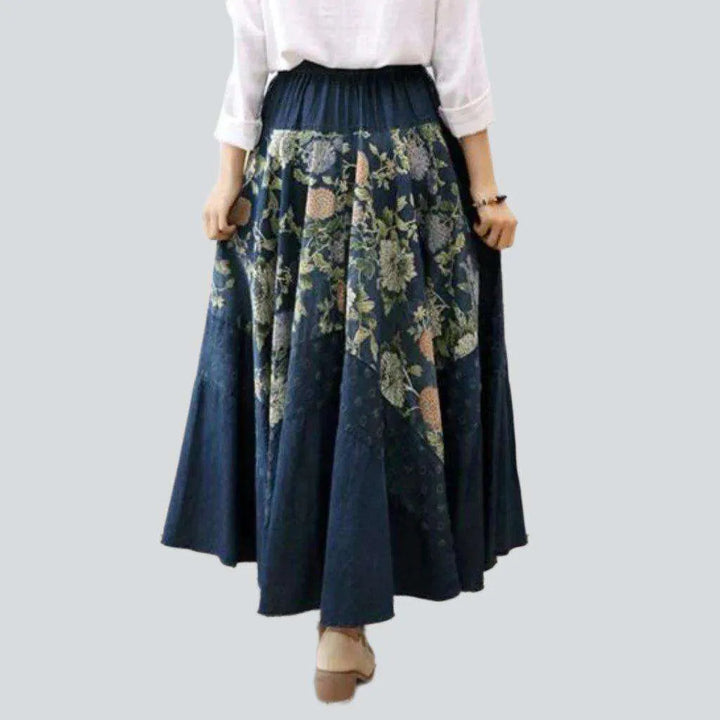 Color flowers print denim skirt