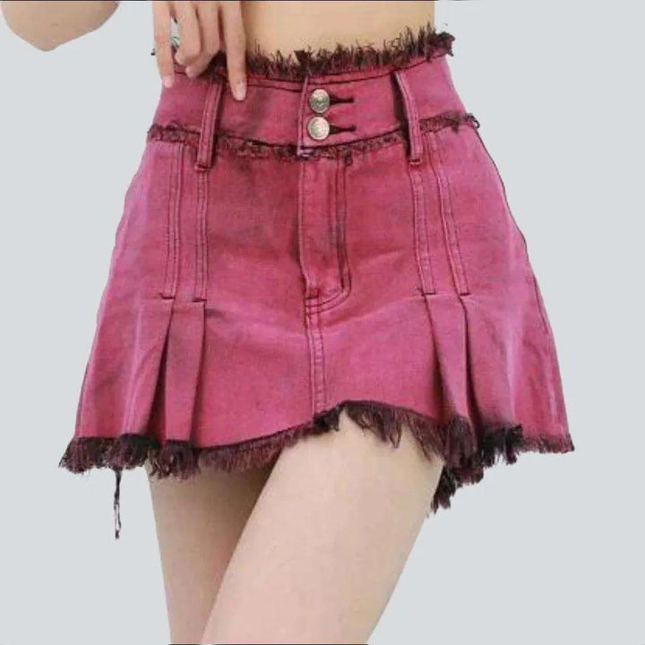 Pink pleated mini denim skirt