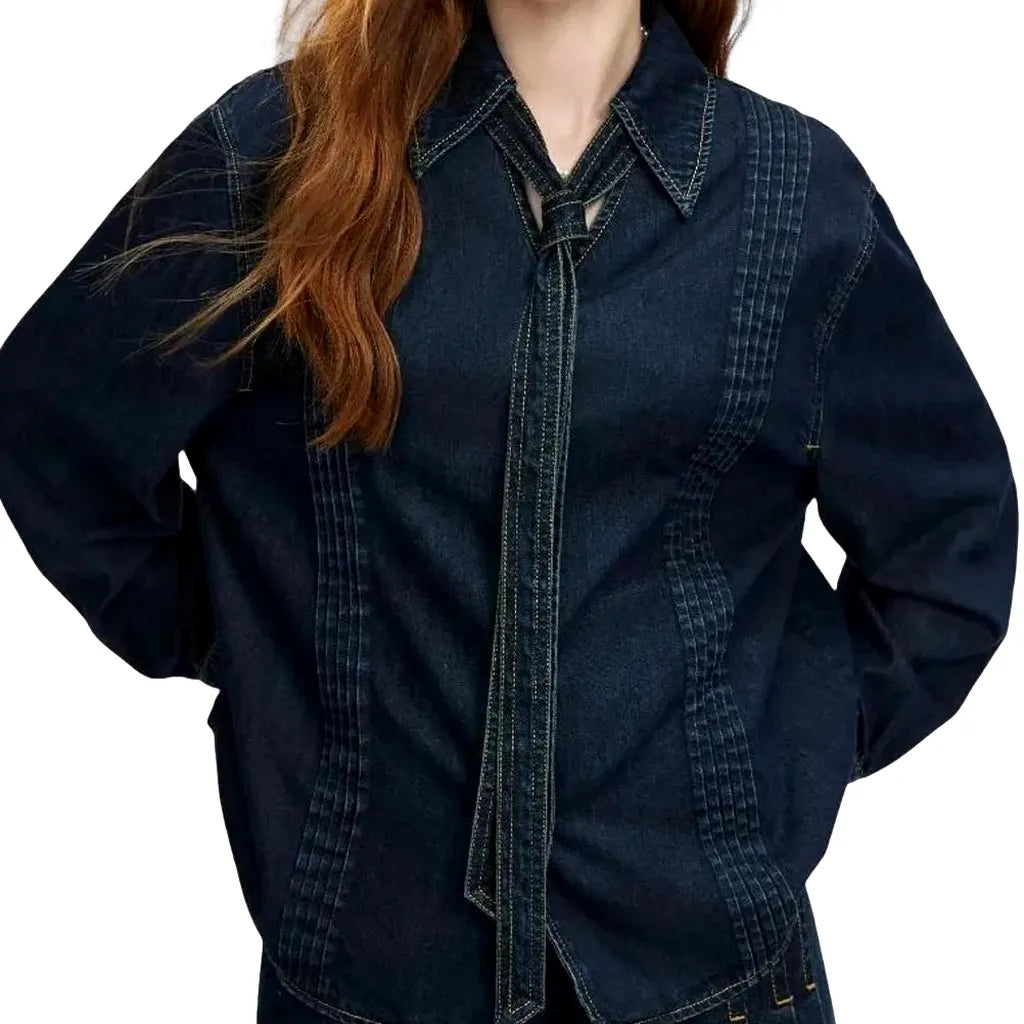 Fashionable Dark Contrast Women's Jean Jacket - Dark Blue