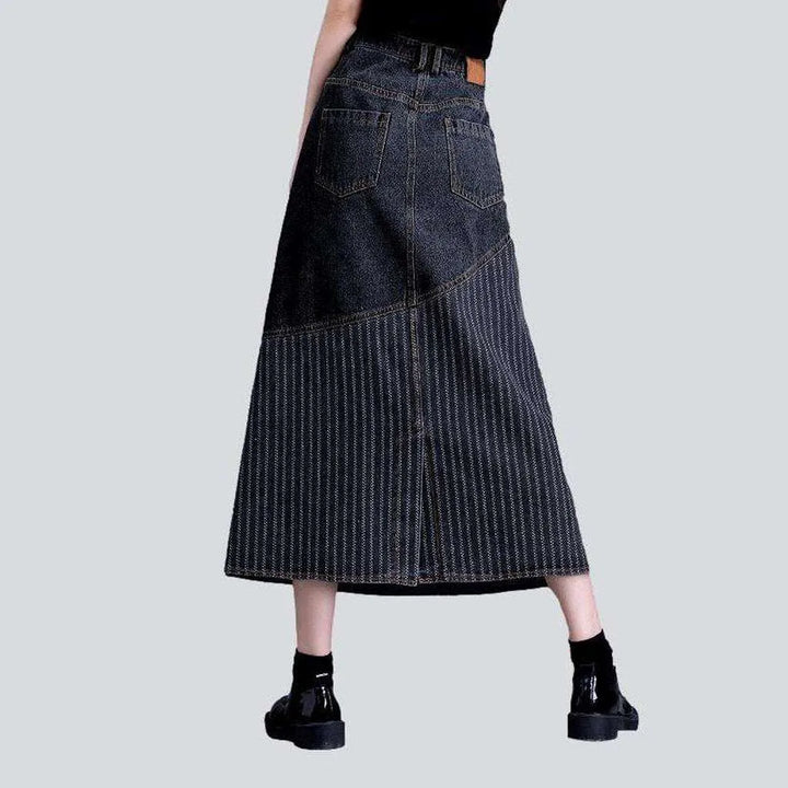 Striped patchwork long denim skirt