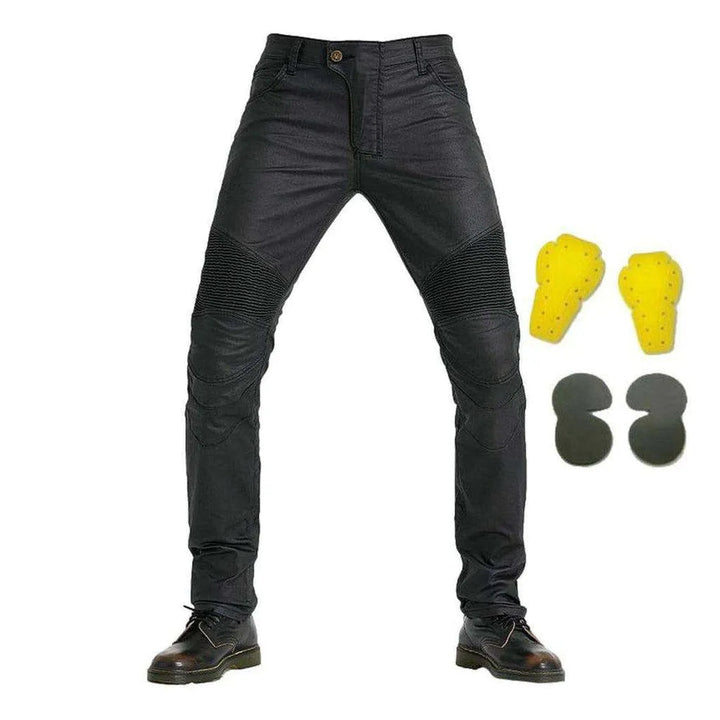 Coated denim men's biker jeans