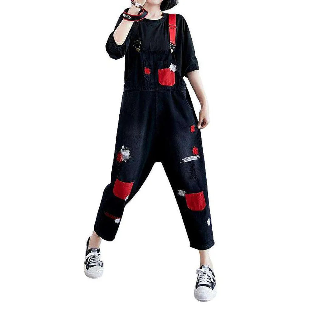 Color embroidered women's denim jumpsuit