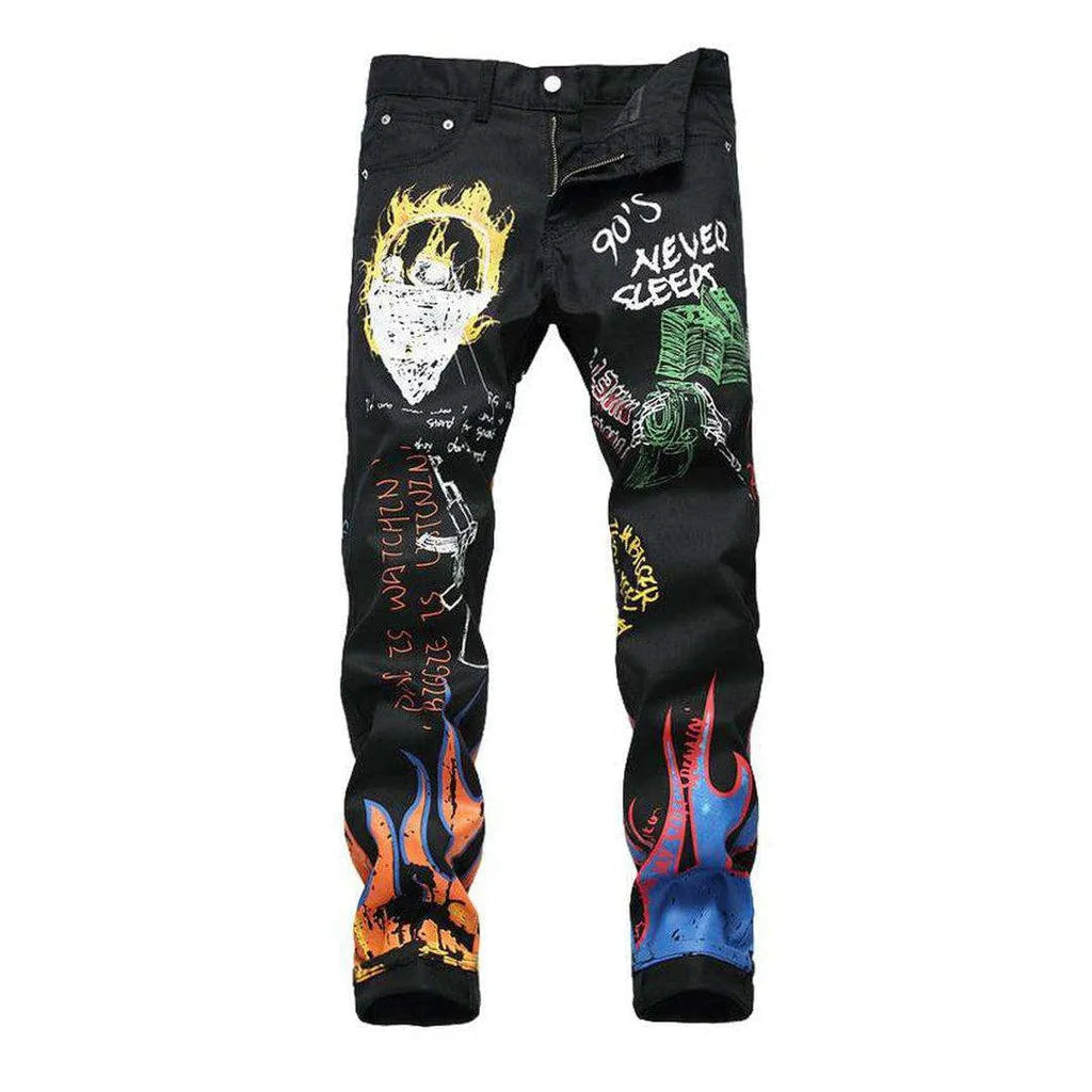 Color flame-painted men's jeans