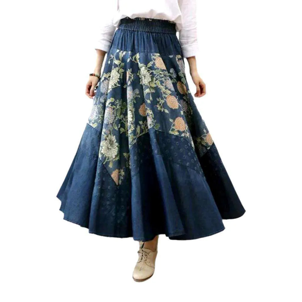 Color flowers print denim skirt