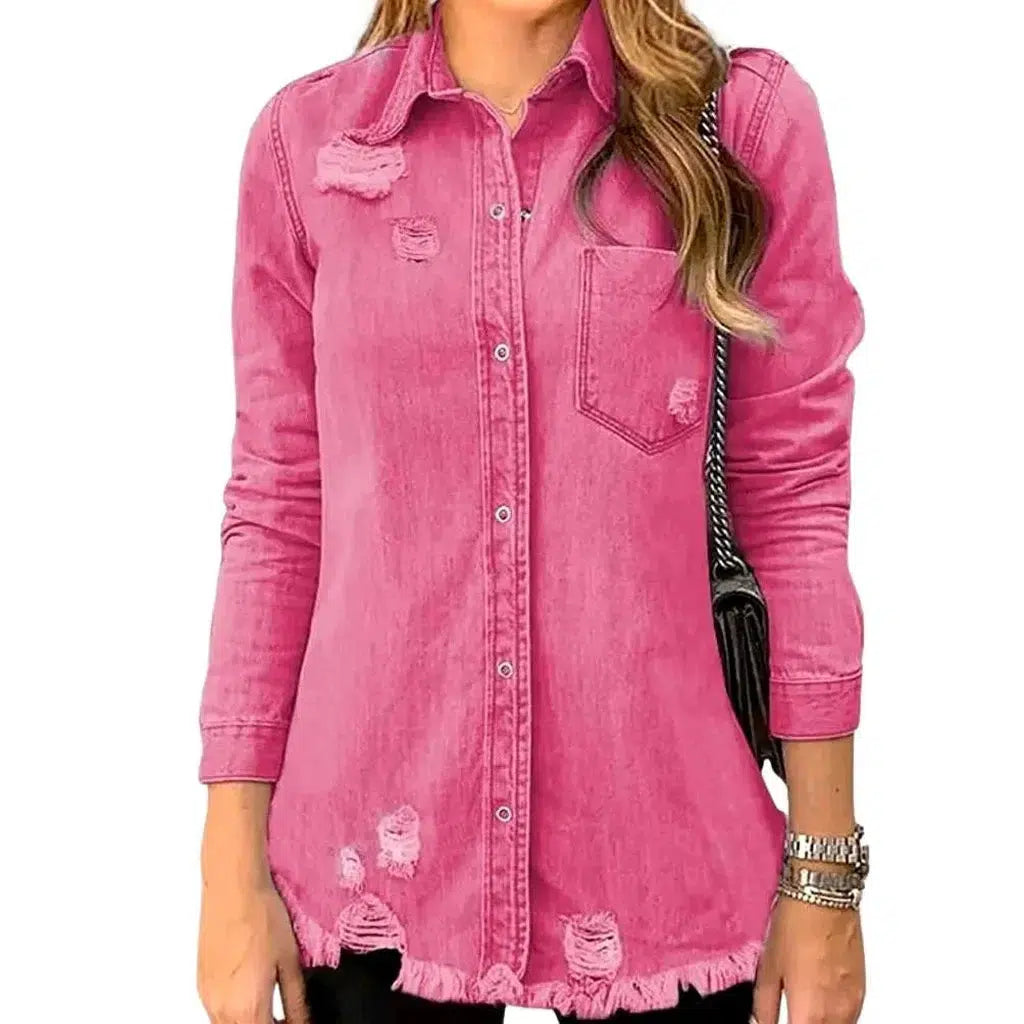Color frayed-hem women's jeans shirt