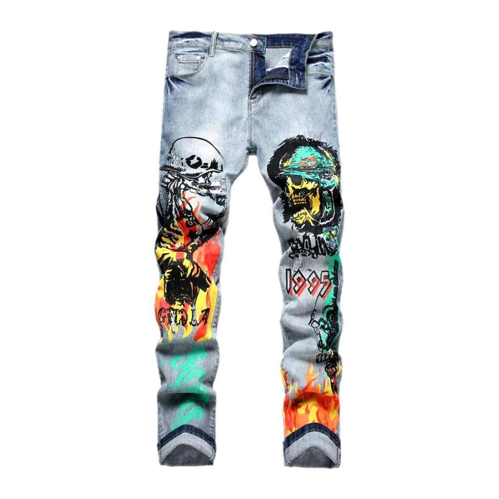 Color skull print painted jeans
 for men