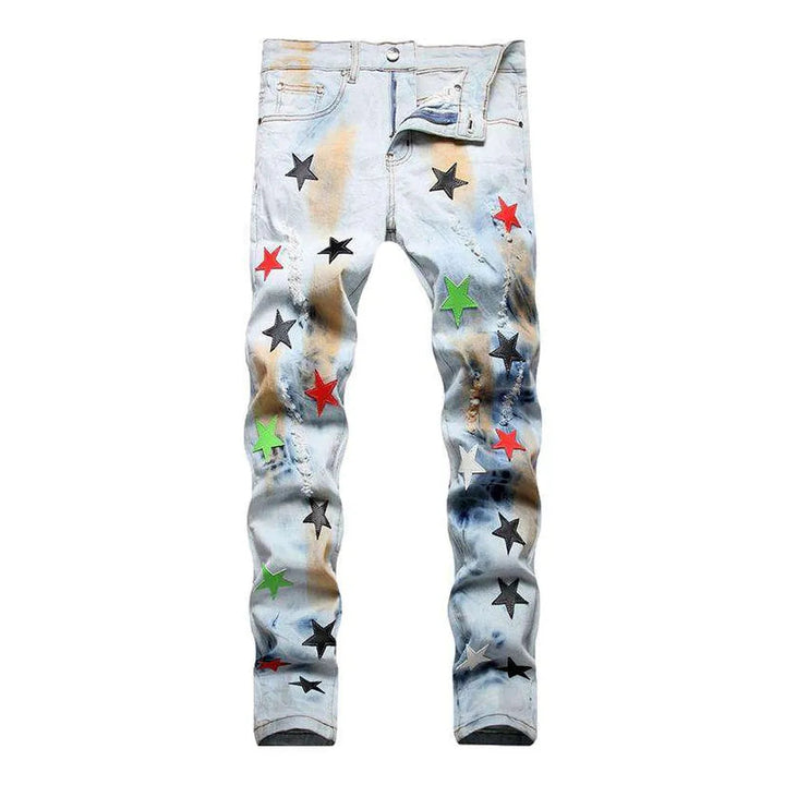 Color stars embroidery ripped jeans