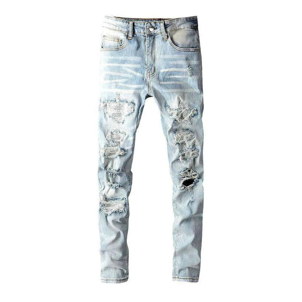 Crystal-embellished patchwork men's jeans