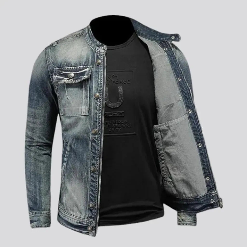 Sanded biker style riding denim jacket for men