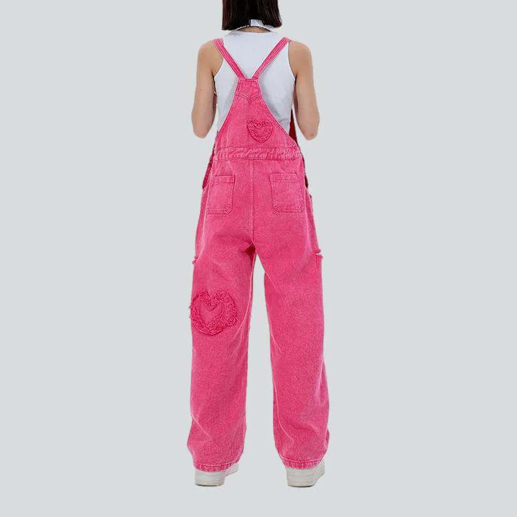Pink embroidered women's denim jumpsuit