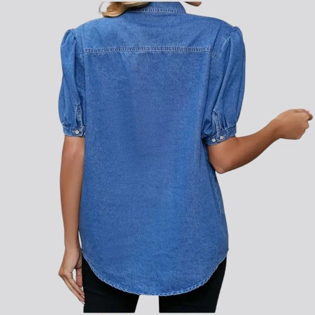 Loose medium-wash jean shirt for women