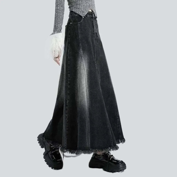 Floor-length sanded denim skirt