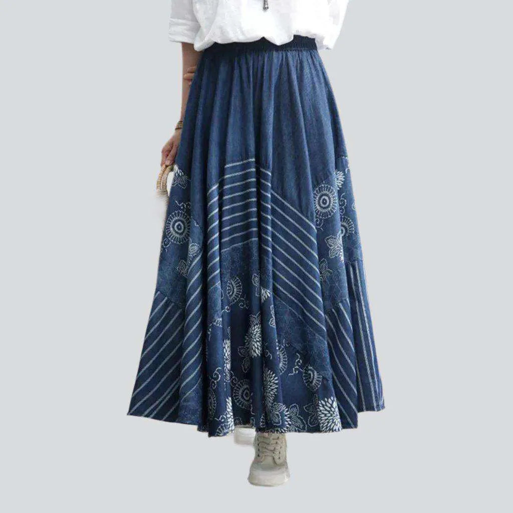 Bohemian flared long denim skirt