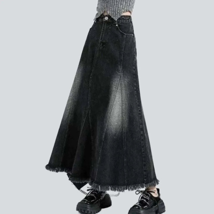 Floor-length sanded denim skirt