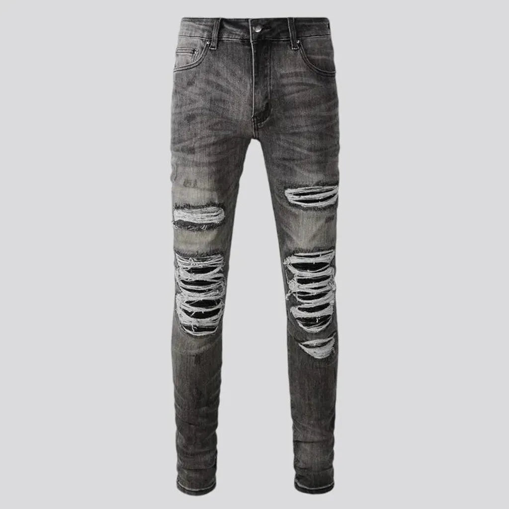 Distressed skinny biker jeans for men