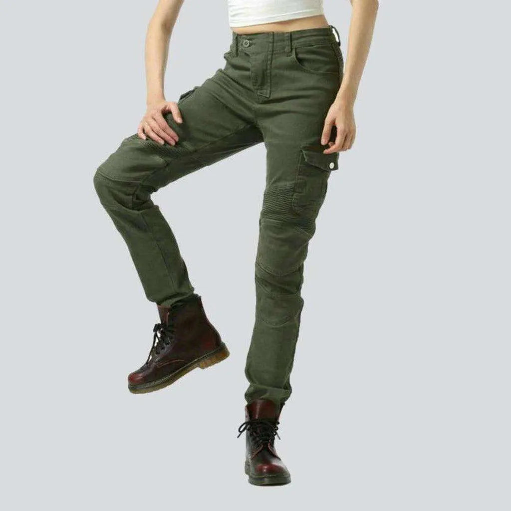 Army green women's biker jeans