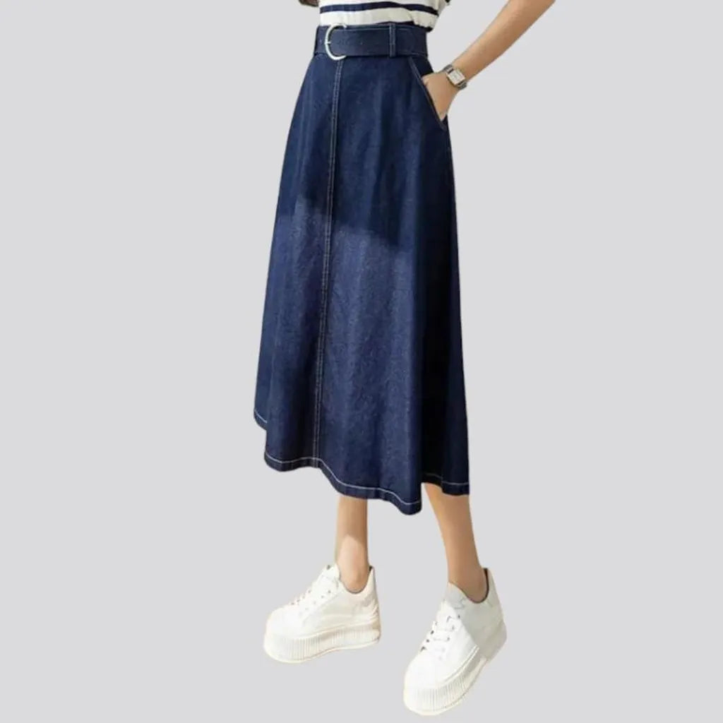 Fit-and-flare long women's jean skirt