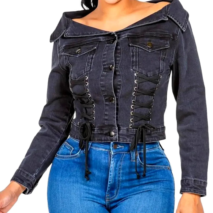 Trendy Medium Length Women's Denim Jacket - Black