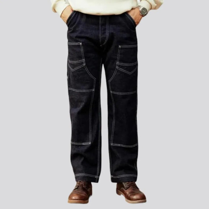 loose, contrast-stitching, work, 14oz, back-cinch, high-waist, diagonal-pockets, buttons, men's jeans | Jeans4you.shop