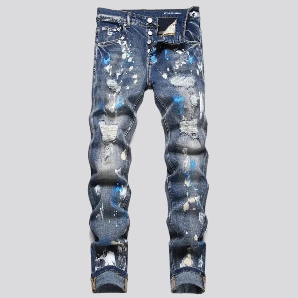 painted, skinny, medium-wash, sanded, paint-splattered, whiskered, mid-waist, 5-pockets, buttons, men's jeans | Jeans4you.shop