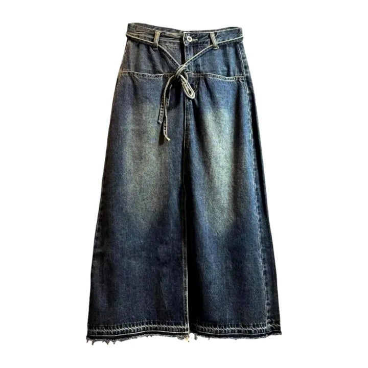 Dark Washed Out Boho Denim Skirt - Dark Blue