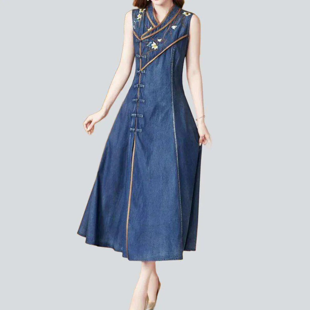 Chinese-style sleeveless denim dress