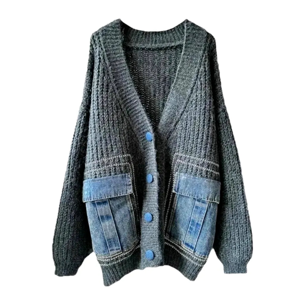 Light Mixed-style Oversized Women's Jean Cardigan - Grey