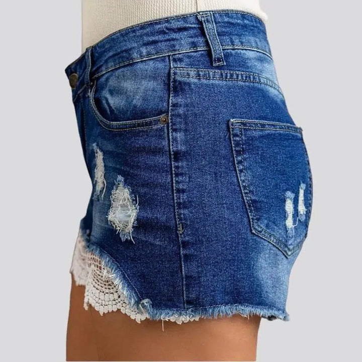 Lace-embroidery boho denim shorts
 for ladies
