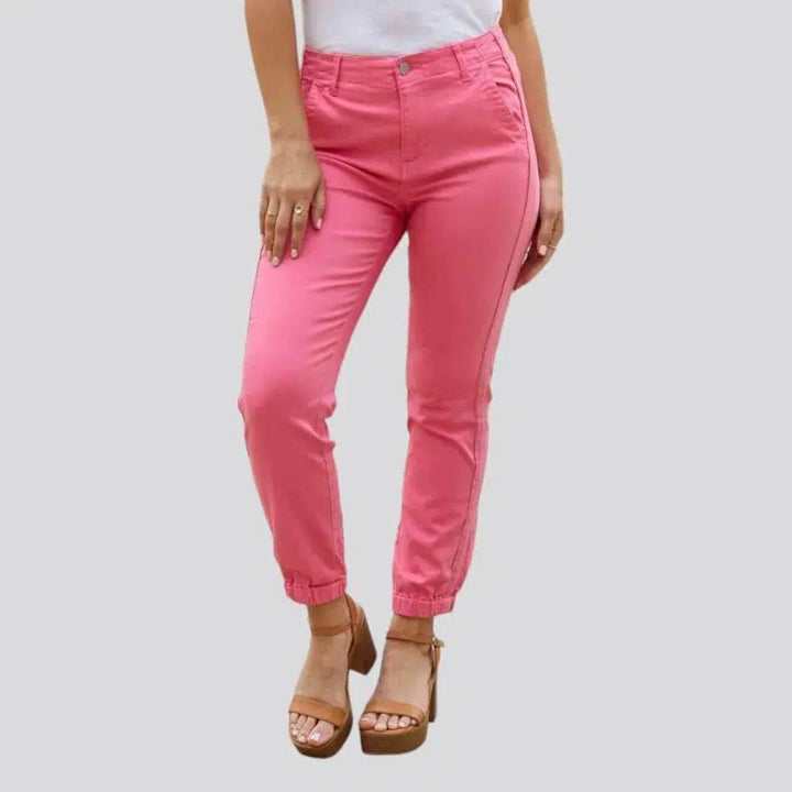 color, slim, pink, ankle-length, high-waist, diagonal-pocket, zipper-button, women's pants | Jeans4you.shop