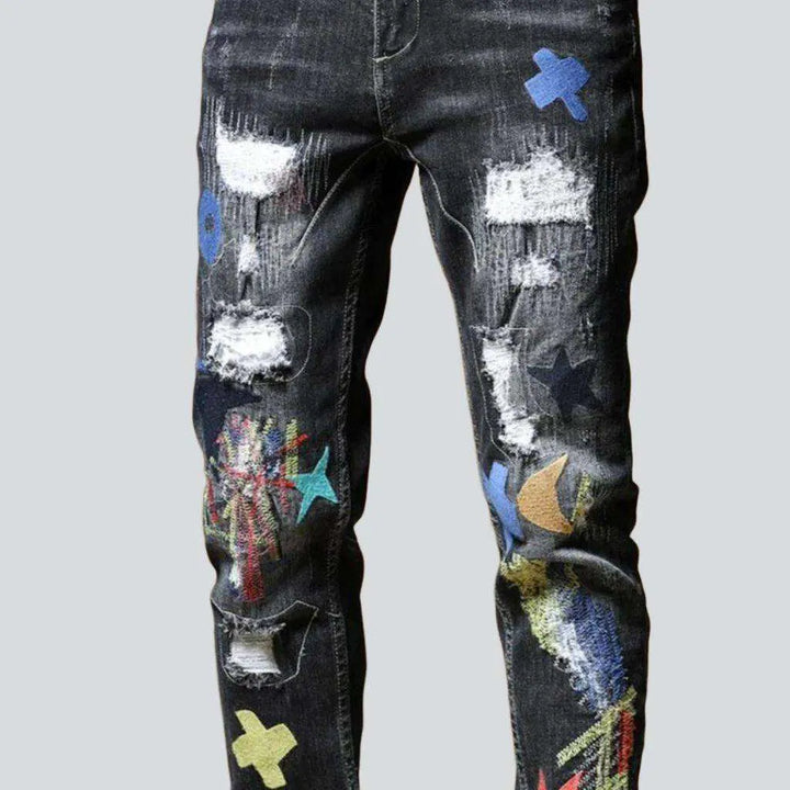 Embroidered destroyed skinny men's jeans