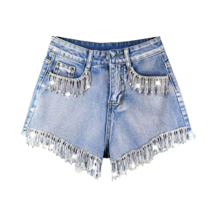 Diamond fringe embellished denim shorts