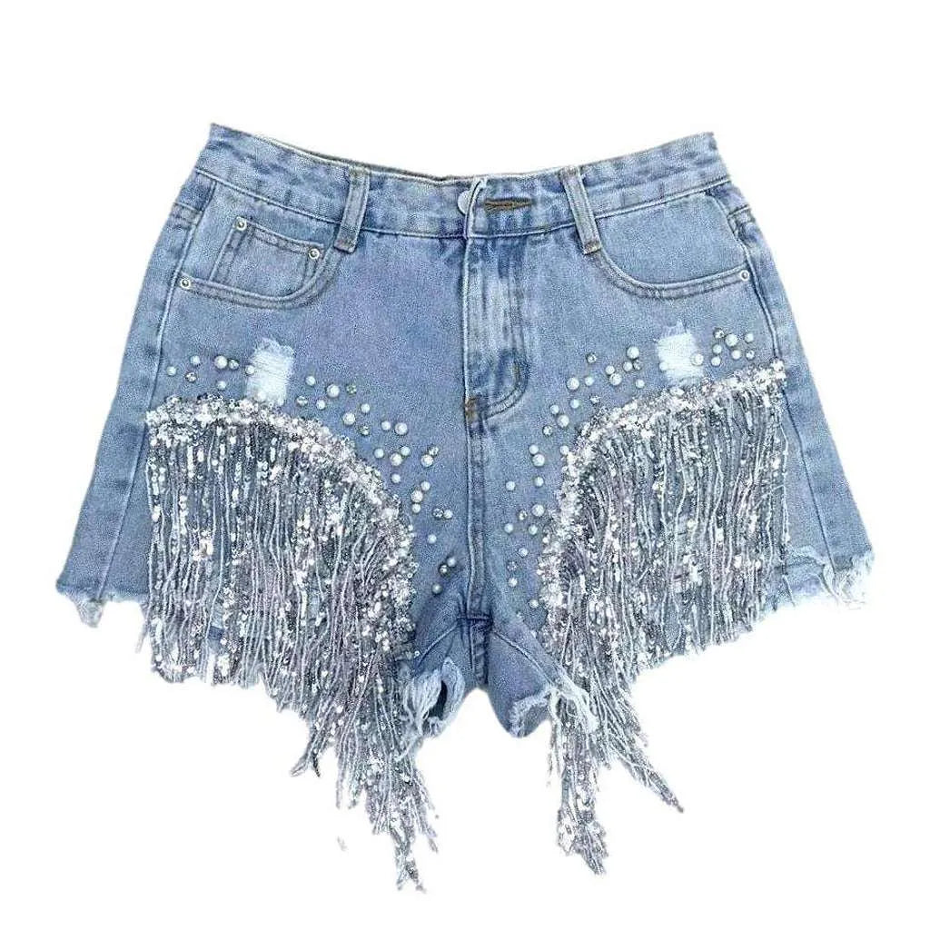 Diamond fringe leg denim shorts