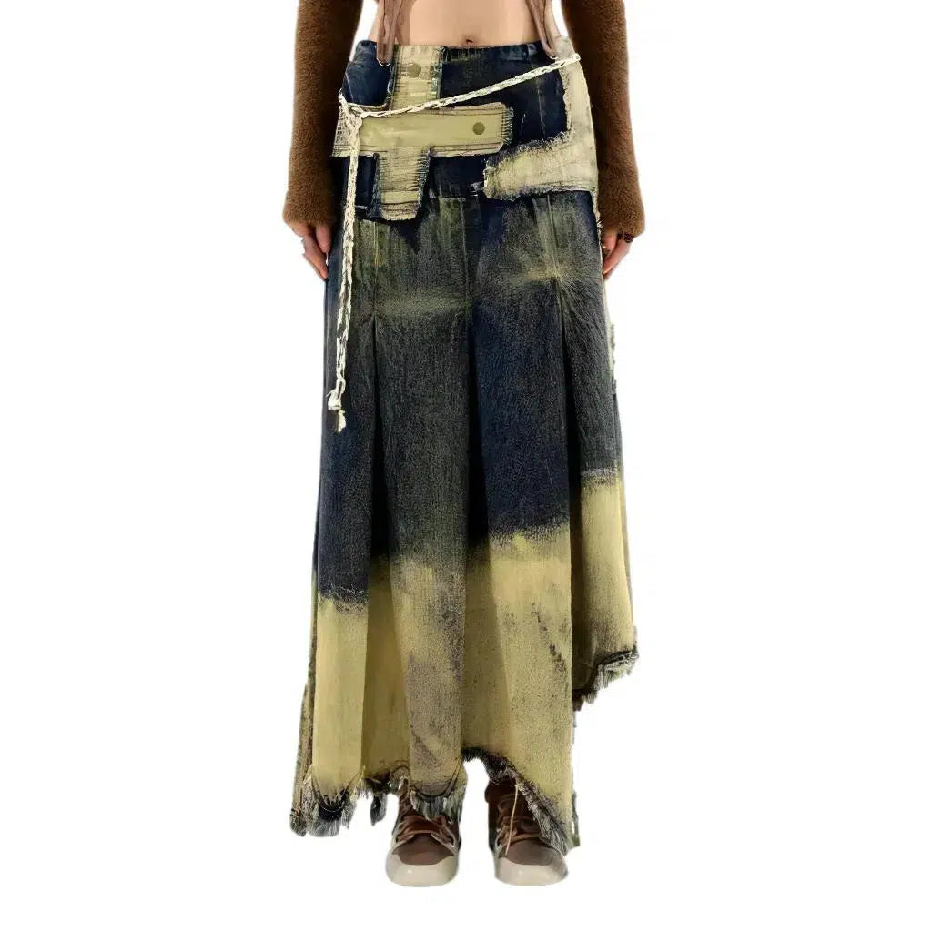 Dip-dyed embroidered jeans skirt
 for ladies