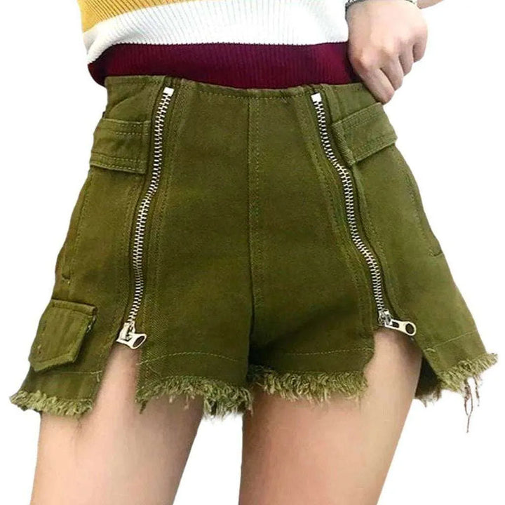 Distressed denim shorts with zippers