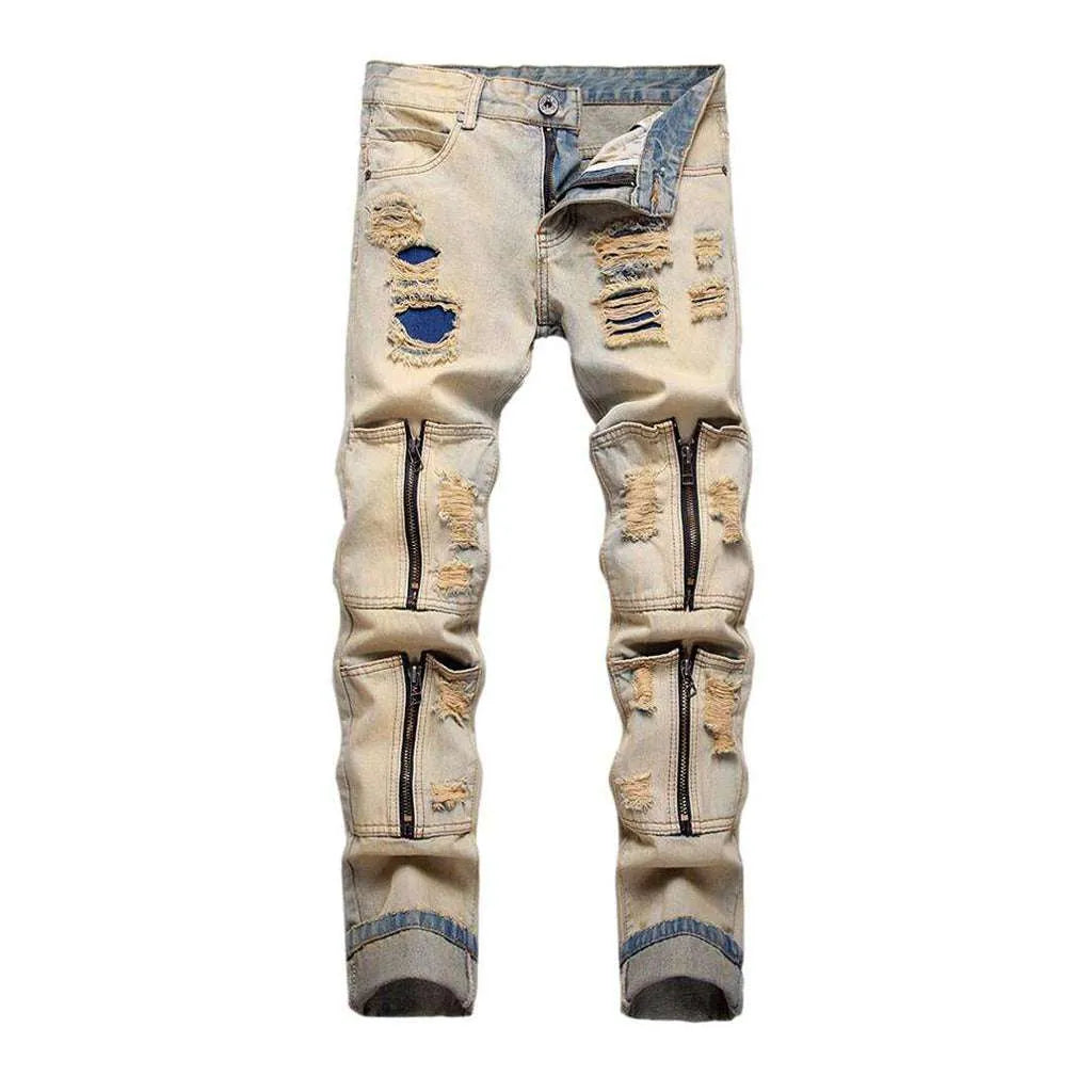 Distressed men's jeans with zippers