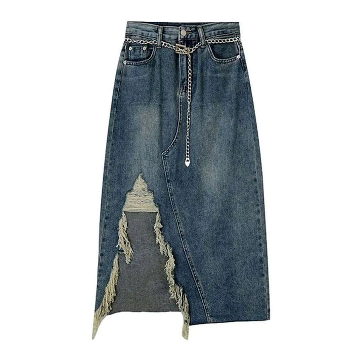 Distressed slit long jean skirt