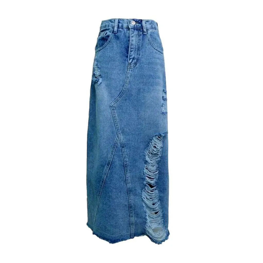 Distressed slit maxi denim skirt