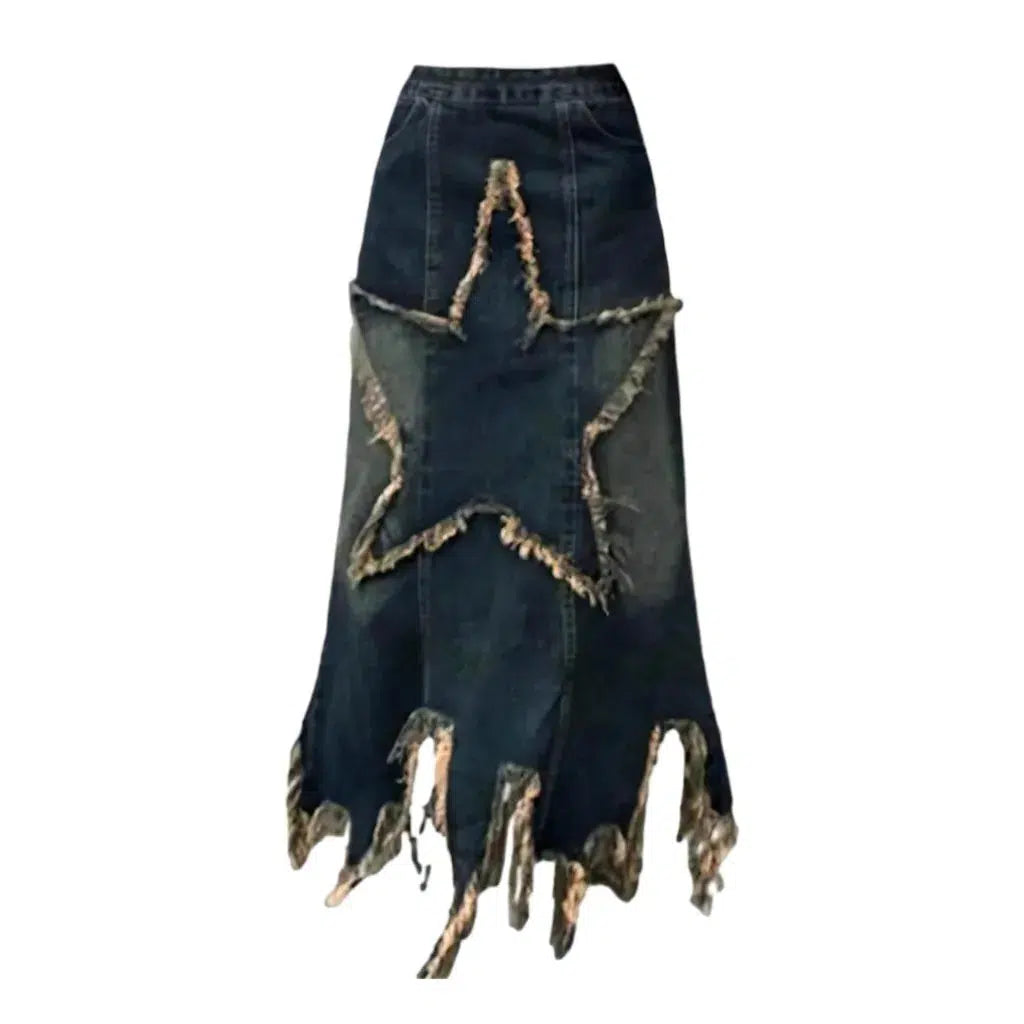 Distressed star-patch denim skirt