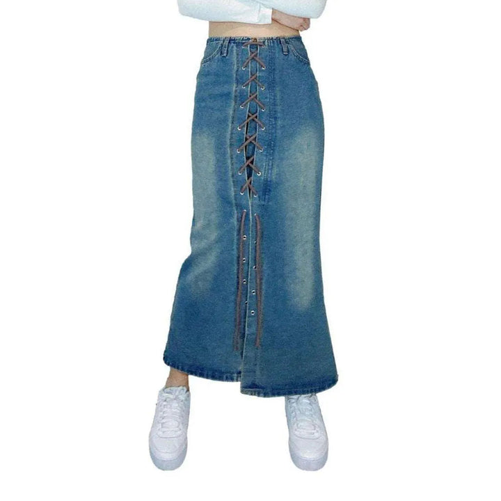 Drawstring slit long jeans skirt