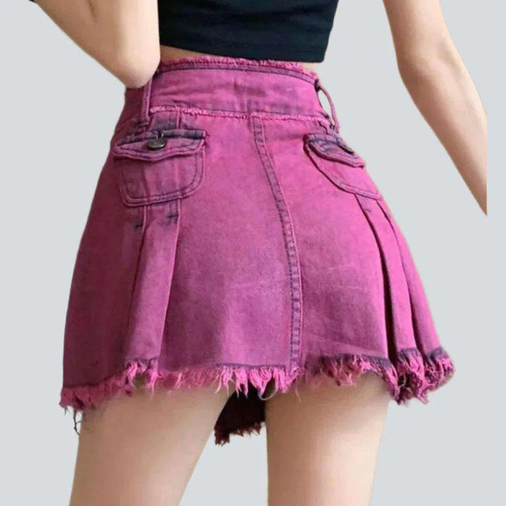 Pleated over-dyed pink denim skirt