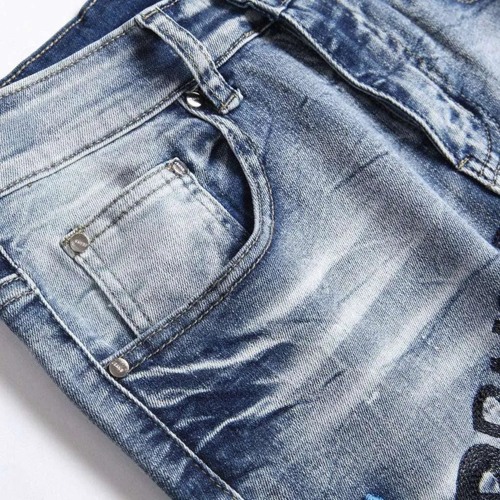 Light wash men's embroidered jeans