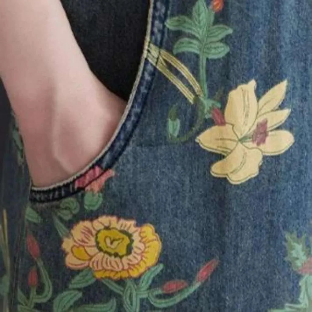 Half floral print denim jumpsuit